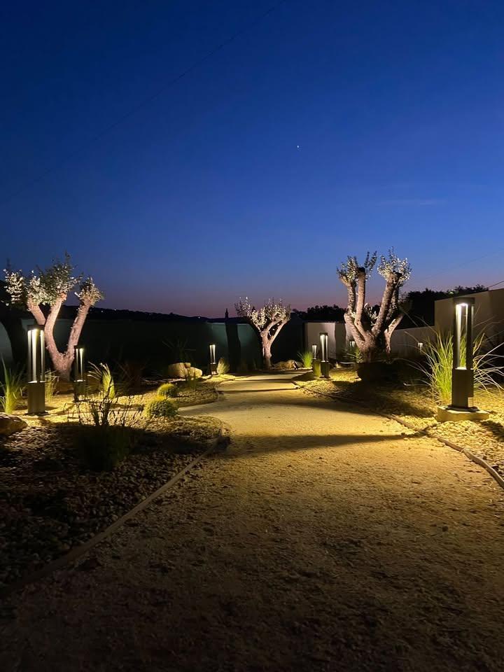 Iluminação noturna de caminho de jardim com balizadores e destaque de vegetação